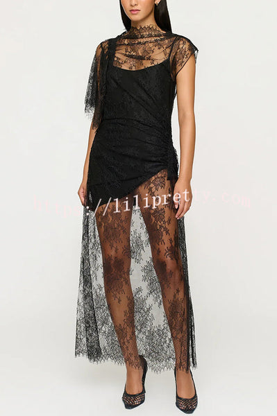 Romantic Statement Lace One Shoulder Bell Sleeve Asymmetrical Maxi Dress