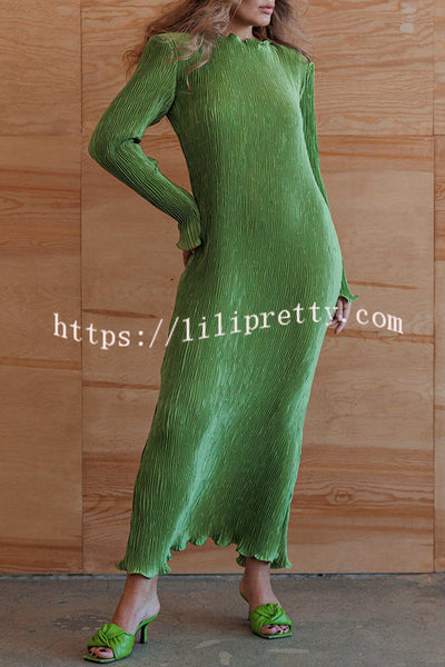 Hansin Satin Pleated Fabric Long Sleeve Wavy Trim H-line Slit Midi Dress