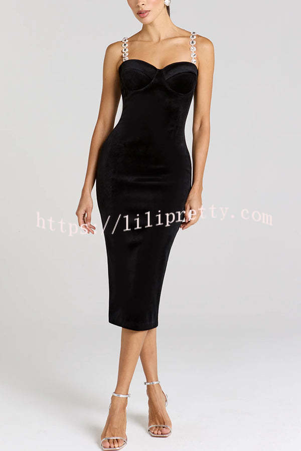 Harley Luxurious Velvet Fabric Jewel-embellished Shoulder Straps Midi Dress