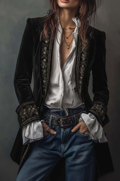 Gold Velvet Patchwork Printed Edge Long-sleeved Casual Jacket