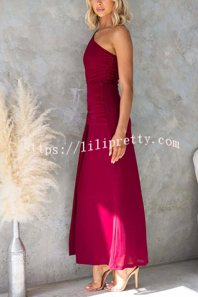 Solid Color Elegant Mesh One Shoulder Sexy Waist Hollow Out Maxi Dress