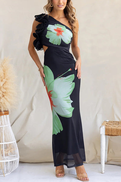 Floral Print One-shoulder Fitted Mesh Maxi Dress