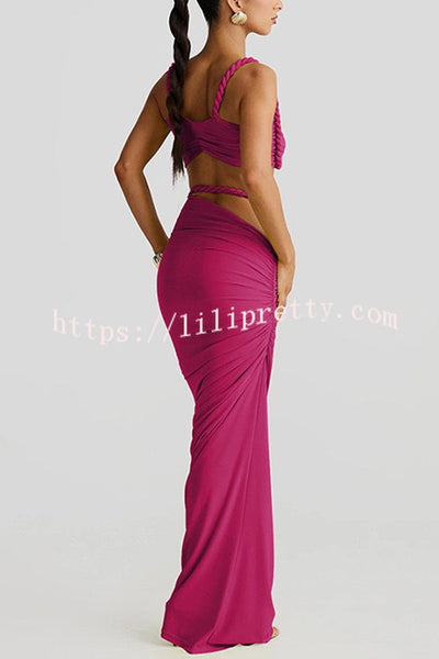 Sexy Halter Back Braided Suspender Top and Beach Holiday Style Hip-wrapped Maxi Skirt Set