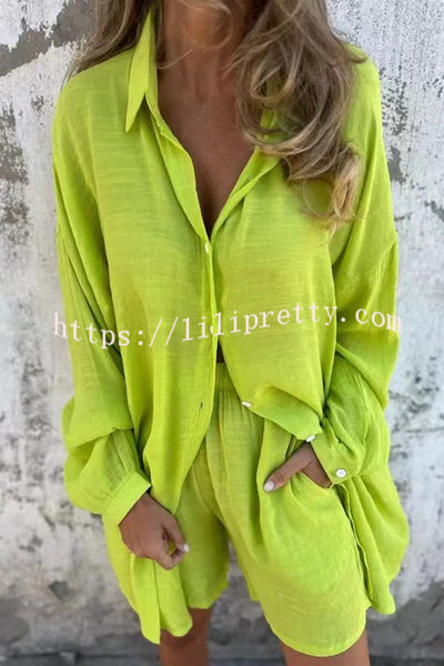 Solid Color Casual Lapel Long Shirt and Elastic Waist Loose Pocket Shorts Set