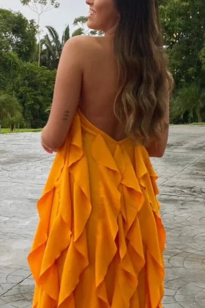 Solid Color Halter Neck Open Back Wavy Edge Maxi Dress