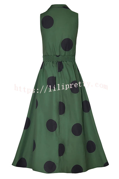 Polka Dot Print Shirt Pocketed Umbrella Maxi Dress