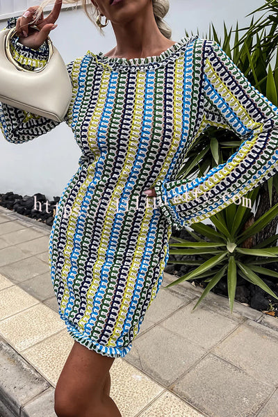 Ruffled Backless Long-sleeved Wavy Striped Beach Resort Mini Dress