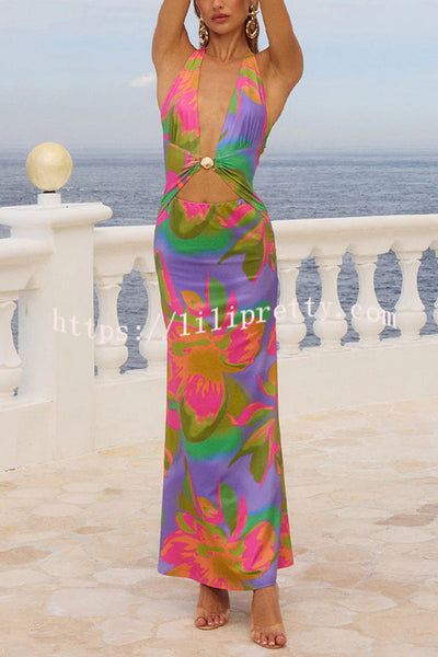 Halston Unique Prin Metal Embellished Cutout Halter Slit Stretch Maxi Dress