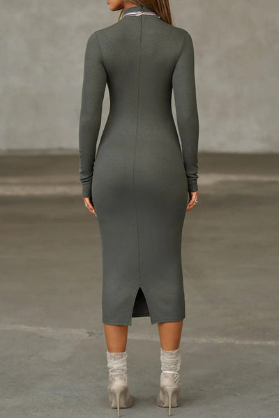 Solid Color Casual Long Sleeve High Neck Slim Midi Dress