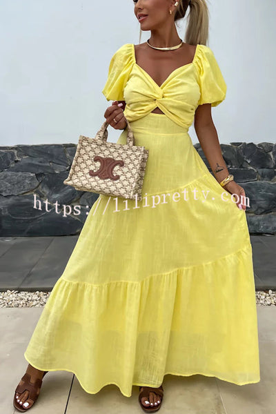 Solid Color Hollow Backless Puff Sleeve Maxi Dress