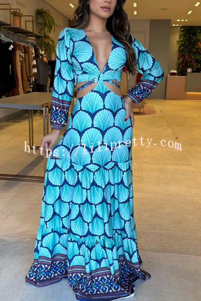 Alisa Unique Print Cutout Elastic Waist Tie-up Long Sleeve Maxi Dress