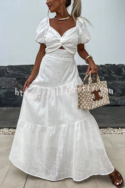 Solid Color Hollow Backless Puff Sleeve Maxi Dress