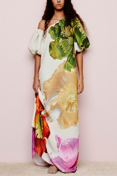 Floral Print Slant Collar Puff Sleeves Loose Holiday Maxi Dress