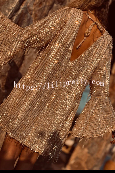 Flowing Shimmer Sequin Tassel Fabric Bell Sleeve Back Tie-up Loose Mini Dress