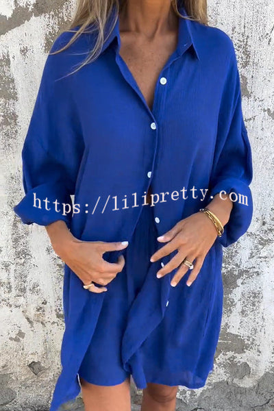 Solid Color Casual Lapel Long Shirt and Elastic Waist Loose Pocket Shorts Set