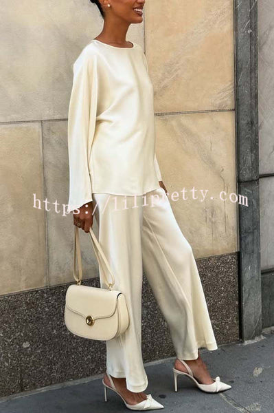 Silky and Elegant Satin Wide Neck Long Sleeve Loose Top and Elastic Waist Wide Leg Pants Set