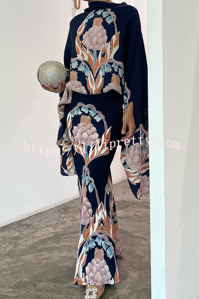 Matilda Satin Unique Print Drape Cape Sleeve Top and Elastic Waist Maxi Skirt Set