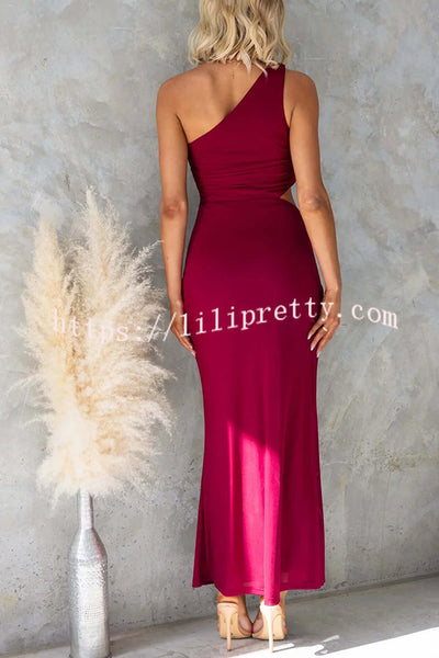 Solid Color Elegant Mesh One Shoulder Sexy Waist Hollow Out Maxi Dress