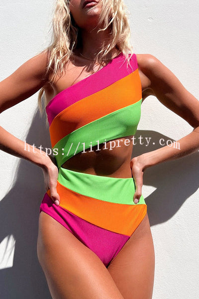 Justine Ribbed Color Block One Shoulder Cutout Stretch One-piece Swimsuit