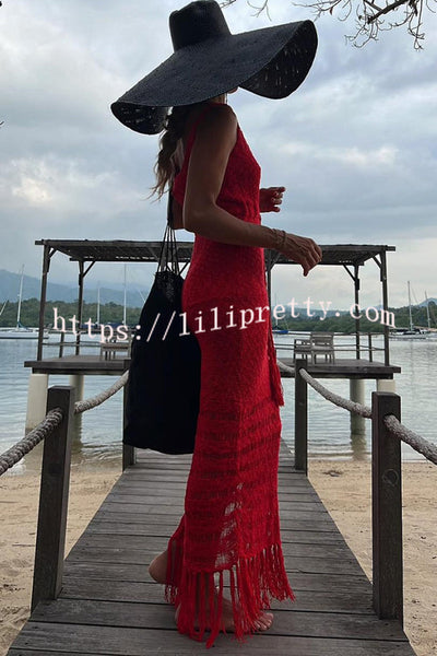 Sexy Cutout Slim Fit Fringed Hem Knitted Maxi Dress