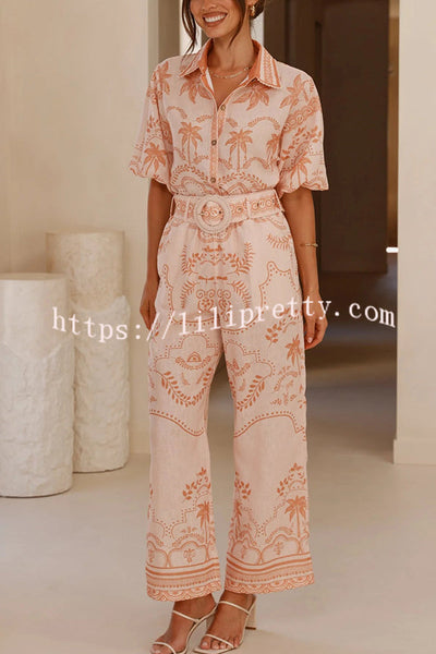 Linen Blend Lapel Puff Sleeve Loose Shirt and Casual Pocket Straight Pants Set