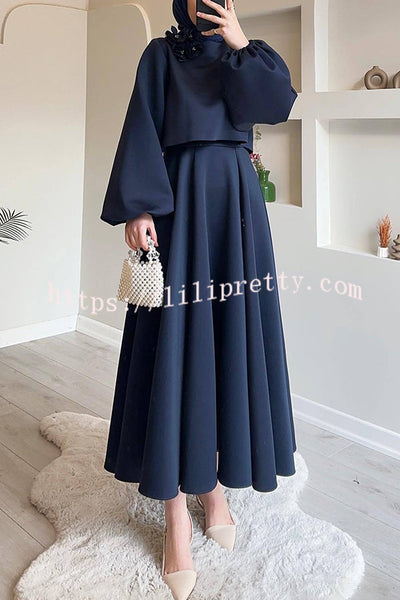 Solid Color Flower-embellished Lantern Sleeve Loose Top and Casual Maxi Skirt Set