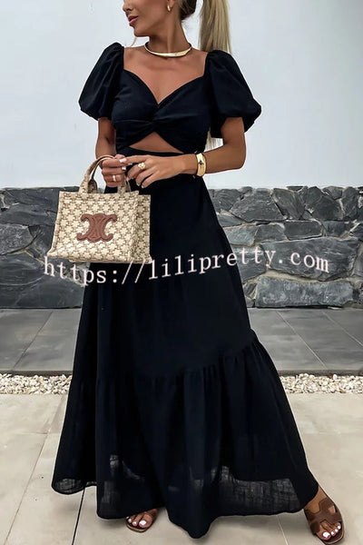 Solid Color Hollow Backless Puff Sleeve Maxi Dress