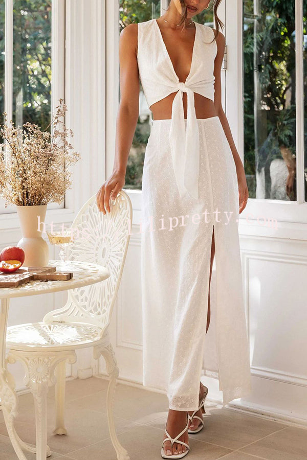 Solid Color Hollow Embroidery V-neck Lace-up Top and Slit Maxi Skirt Set