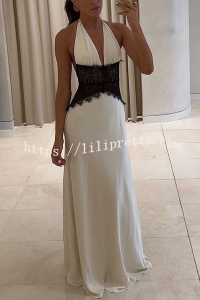 Romantic Sexy Satin Lace Waist Halter Maxi Dress