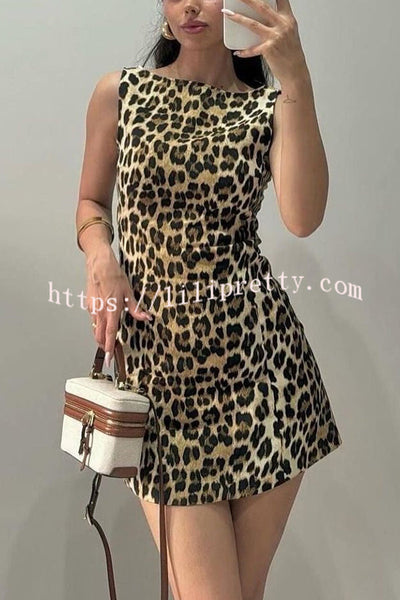 Leopard Print Round Neck Sleeveless Slim Fit Hip Mini Dress