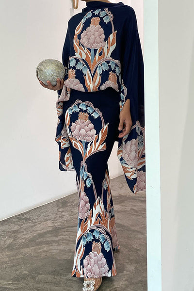 Matilda Satin Unique Print Drape Cape Sleeve Top and Elastic Waist Maxi Skirt Set