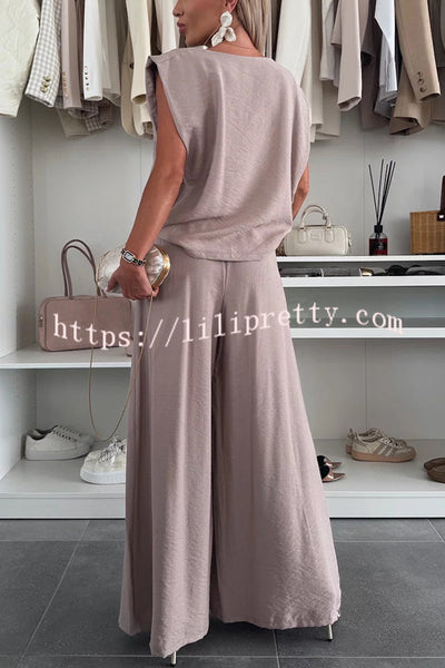 Santie Round Neck Cape Sleeve Loose Top and Elastic Waist Pocket Wide Leg Pants Set
