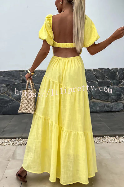 Solid Color Hollow Backless Puff Sleeve Maxi Dress