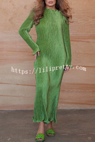 Hansin Satin Pleated Fabric Long Sleeve Wavy Trim H-line Slit Midi Dress