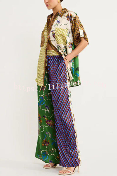 Lilipretty Nia Satin Unique Print Patchwork Elastic Waist Pocketed Wide Leg Pants