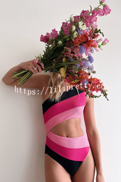 Justine Ribbed Color Block One Shoulder Cutout Stretch One-piece Swimsuit