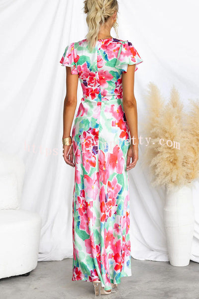 Say I Do Satin Floral Print Cap Sleeves Maxi Dress