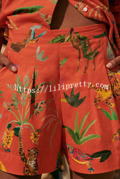 Jungle Adventure Linen Blend Unique Print Blouse and Back Elastic Waist Pocketed Shorts Set