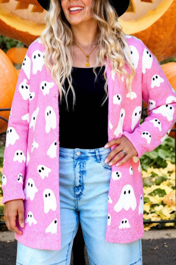 Halloween Ghost Pattern Casual Long Knit Sweater