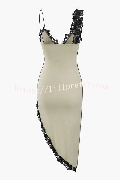 Sexy Lace Paneled Deep V Suspender Slim Midi Dress