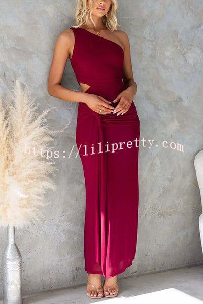 Solid Color Elegant Mesh One Shoulder Sexy Waist Hollow Out Maxi Dress
