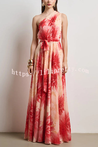 Floral Print One Shoulder Waist Tie Full Hem Resort Style Maxi Dress