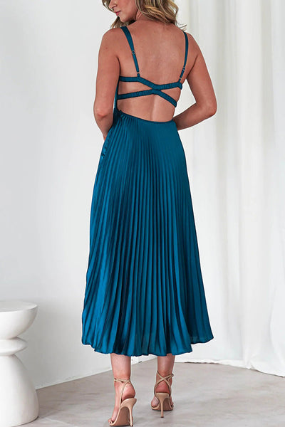 Satin Solid Color Sexy V-Neck Pleated Maxi Dress