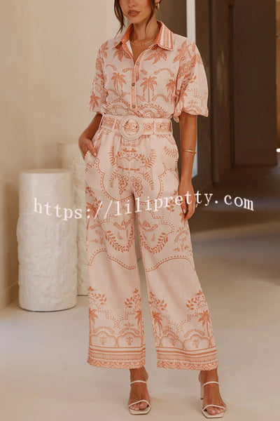 Linen Blend Lapel Puff Sleeve Loose Shirt and Casual Pocket Straight Pants Set