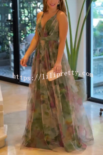 Kerrie Tulle Render Floral Print Cross Back Straps Maxi Dress