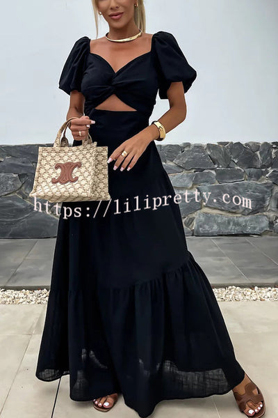 Solid Color Hollow Backless Puff Sleeve Maxi Dress