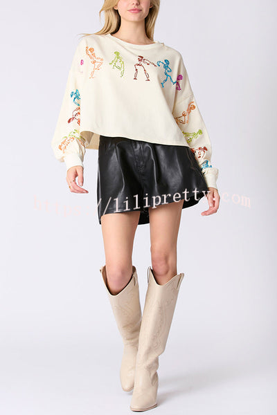 Halloween Skull Sequin Loose Crop Casual Sweatshirt
