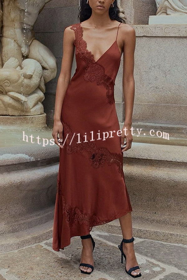Sexy Lace Stitching Suspender V-neck Asymmetrical Maxi Dress