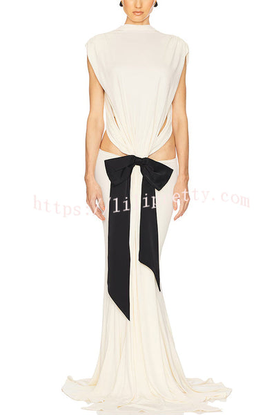Sexy Open Back Bow Embellished Elegant Fishtail Maxi Dress