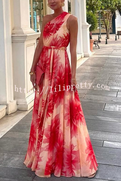 Floral Print One Shoulder Waist Tie Full Hem Resort Style Maxi Dress